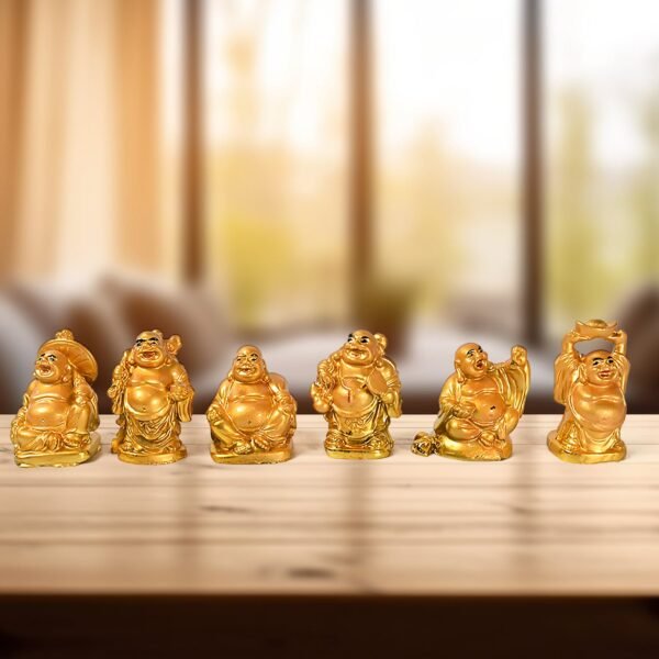 Golden Laughing Buddha Set Of Six Pieces Statue For Happiness, Wealth & Good