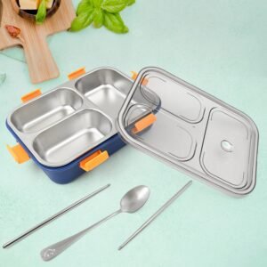 3 Compartment Transparent Stainless Steel Lunch Box with a Spoon and a Pair of