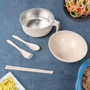 Rice Bowl Noodle Set ? 6 Pcs with Lid, Handle & Cutlery
