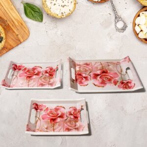 Plastic Rectangular Shape Flower Printed Design Serving Tray 3 pcs Home and