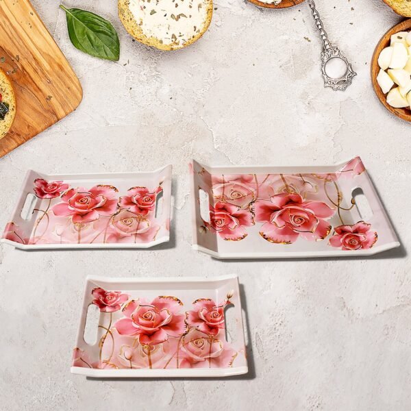 Plastic Rectangular Shape Flower Printed Design Serving Tray 3 pcs Home and