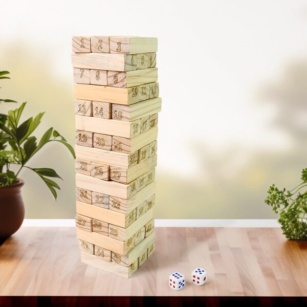 Wooden Tumbling Stacking Tower Game, Zenga tower (48 Pcs Blocks 2 Dices) - Image 3