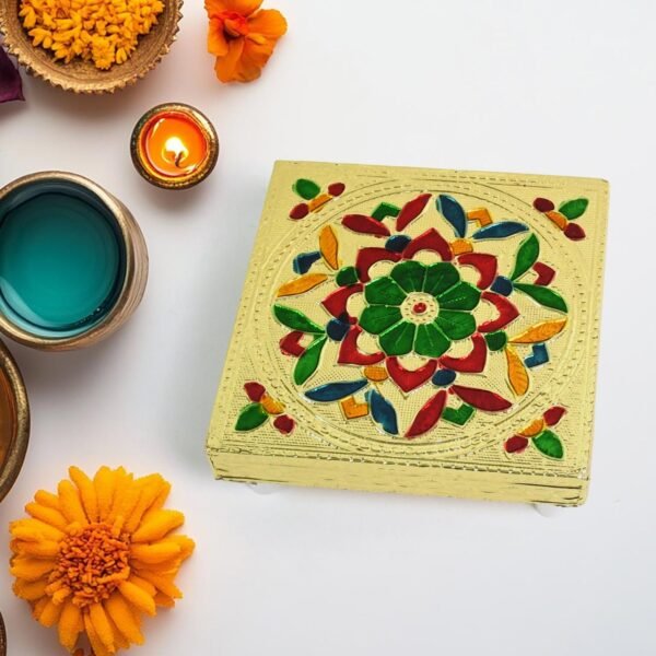 Handicraft Wood Chowki for Pooja , Wooden Bajot for Sitting, Multipurpose Stool - Image 3