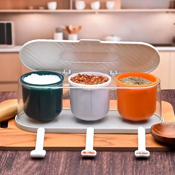 Home Kitchen 3 Grid Seasoning Spice / Masala Box Kit with Spoon (Multicolor / 1 - Image 4