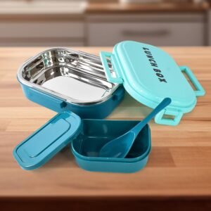 3 in 1 Spicy Bite Stainless Steel Lunch Box With Plastic Small Box & Spoon (1