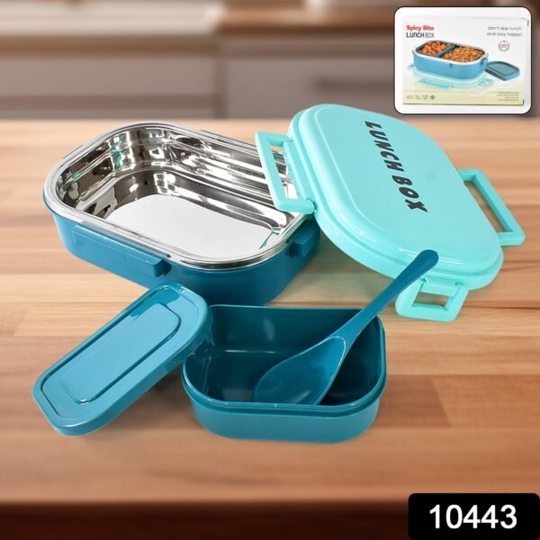 3 in 1 Spicy Bite Stainless Steel Lunch Box With Plastic Small Box & Spoon (1 - Image 2