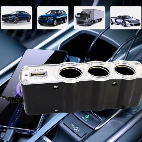 Triple 3 Way Car 12v Lighter Socket Splitter USB Charger Power Adapter - Image 3