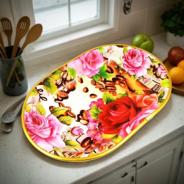 Small Plastic Flower Printed Design Serving Tray (1 Pc / 27 x 18 CM / Mix Color) - Image 4