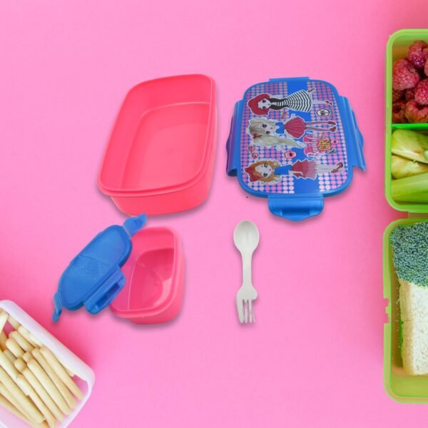 Cartoon Printed Plastic Lunch Box With Inside Small Box & Spoon for Kids, Air - Image 3
