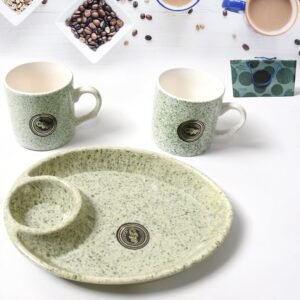 Ceramic Tea/Coffee Cup Set - Alpino 3-Piece with 2-Compartment Serving Platter