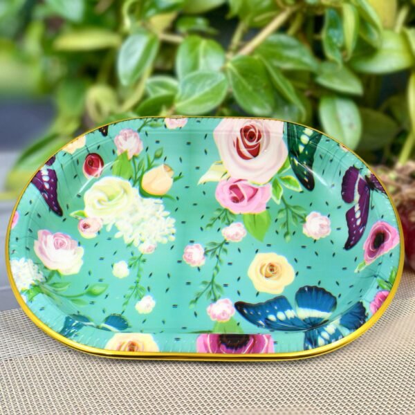 Big Plastic Flower Printed Design Serving Tray (1 Pc / 35 x 24 CM / Mix Color) - Image 3