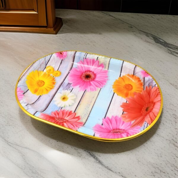 Plastic Flower Printed Design Serving Tray (3 Pcs Set / Mix Color) - Image 3