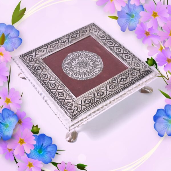 Silver - Square Pooja Chowki Patla / Bajot (20 x 20 CM / 1 Pc) - Image 4