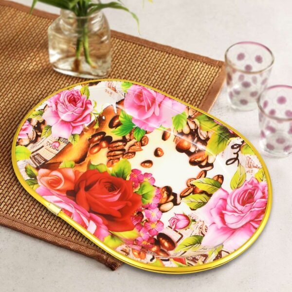 Plastic Flower Printed Design Serving Tray (3 Pcs Set / Mix Color) - Image 4
