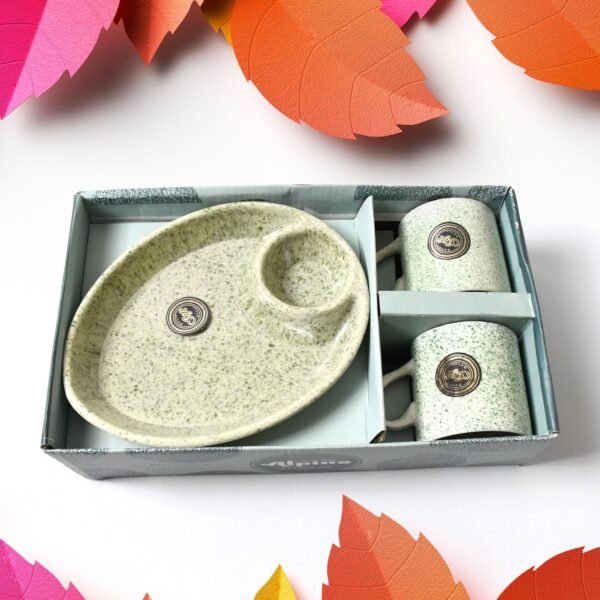 Ceramic Tea/Coffee Cup Set - Alpino 3-Piece with 2-Compartment Serving Platter - Image 3