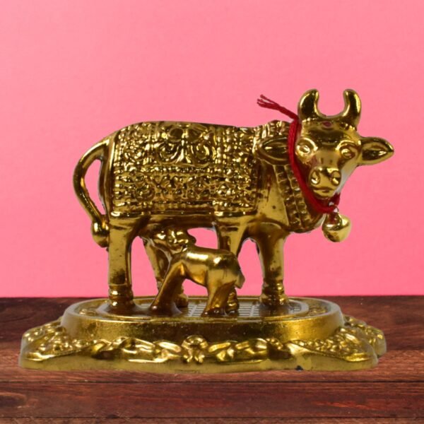 Metal Golden Kamdhenu Cow with Calf (1 Pc) - Image 3
