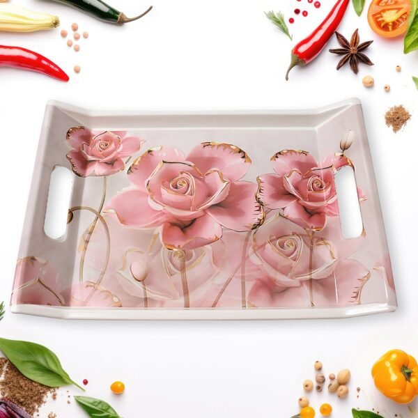 Plastic Rectangular Shape Flower Printed Design Serving Tray 3 pcs Home and - Image 5
