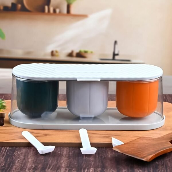 Home Kitchen 3 Grid Seasoning Spice / Masala Box Kit with Spoon (Multicolor / 1 - Image 3