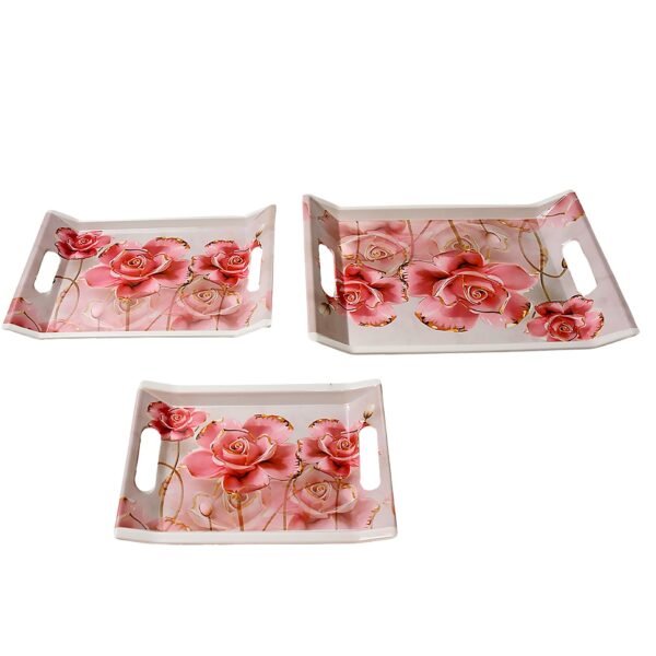 Plastic Rectangular Shape Flower Printed Design Serving Tray 3 pcs Home and - Image 3