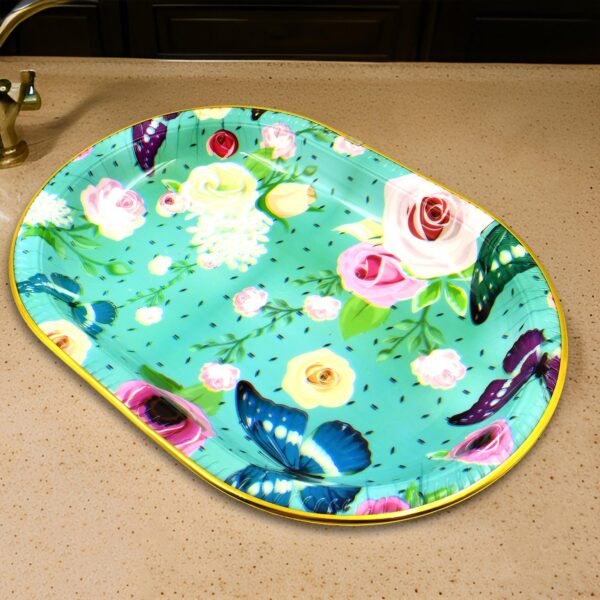 Big Plastic Flower Printed Design Serving Tray (1 Pc / 35 x 24 CM / Mix Color) - Image 5