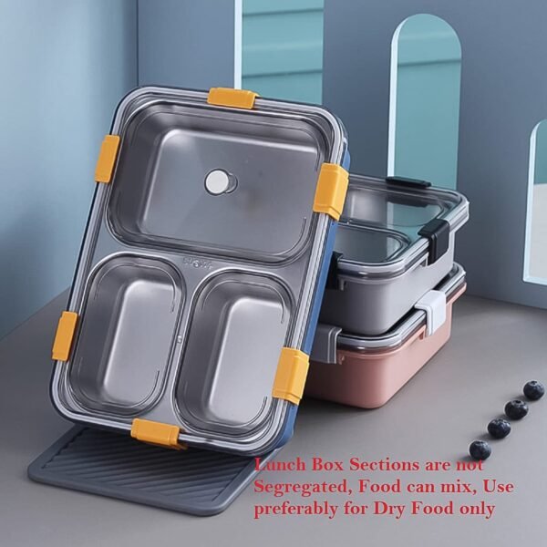 3 Compartment Transparent Stainless Steel Lunch Box with a Spoon and a Pair of - Image 5