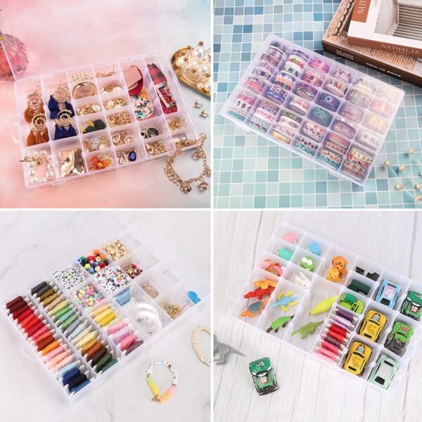 36 Grids Clear Plastic Organizer Jewelry Storage Box with Adjustable Dividers, - Image 3