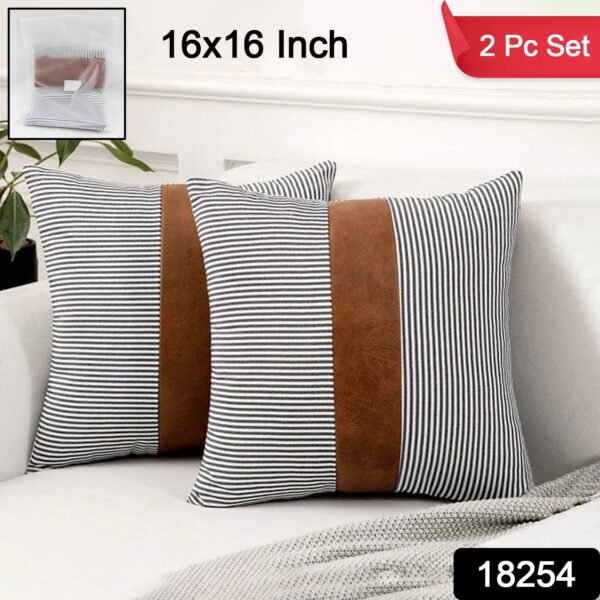 Pillow Covers, leather & cotton Cushion Covers (16  x  16 Inch / 1 Pair / 2 Pc) - Image 2