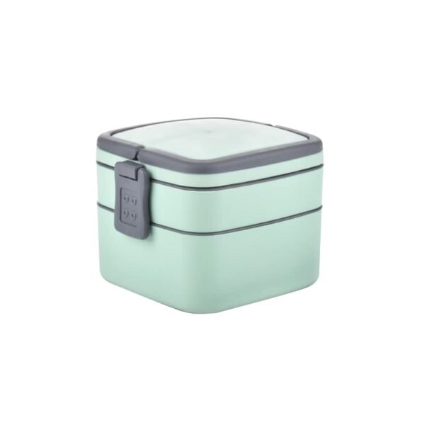 GREEN DOUBLE-LAYER PORTABLE LUNCH BOX STACKABLE WITH CARRYING HANDLE AND SPOON - Image 4