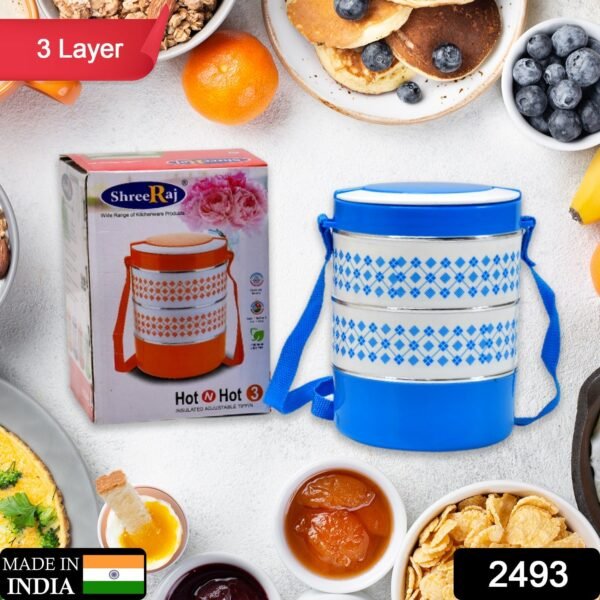 3 layer Adjustable Insulated Tiffin Set of 1, Blue 3 Containers Lunch Box - Image 2