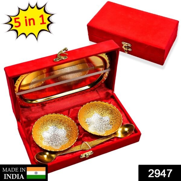 Gold Silver Plated 2 Bowl 2 Spoon Tray Set Brass with Red Velvet Gift Box - Image 2