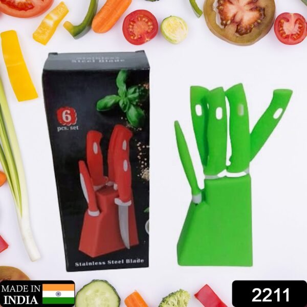 Stainless Steel Knife & Peeler Set with Stand - 6 Pcs - Image 2