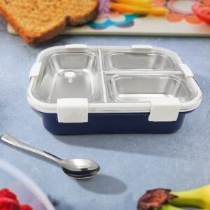 3 Compartment Transparent Stainless Steel Lunch Box for Kids, Tiffin Box, Lunch