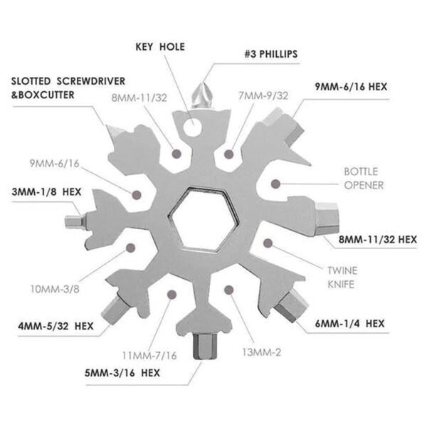 Durable & Portable 18 in 1 Snowflake Multi-Tool, Snowflake Bottle Opener Flat - Image 4