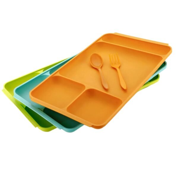4-Compartment Plastic Dish Set with Spoon & Fork ? Versatile Dinner & Pav Bhaji