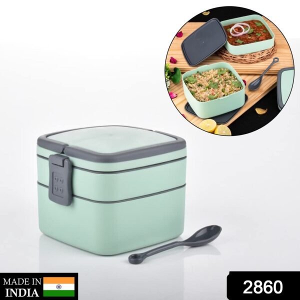 GREEN DOUBLE-LAYER PORTABLE LUNCH BOX STACKABLE WITH CARRYING HANDLE AND SPOON - Image 2