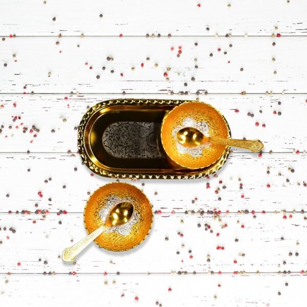 Gold Silver Plated 2 Bowl 2 Spoon Tray Set Brass with Red Velvet Gift Box - Image 3