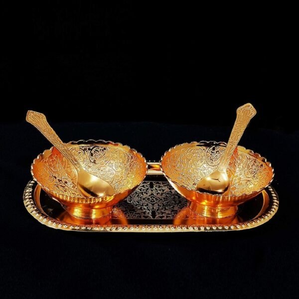 Gold Silver Plated 2 Bowl 2 Spoon Tray Set Brass with Red Velvet Gift Box - Image 5