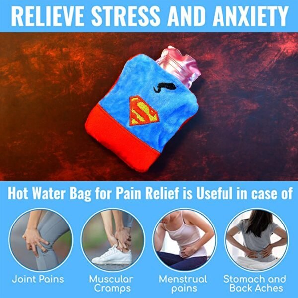 Superman Print Small Hot Water Bag with Cover for Pain Relief - Image 5