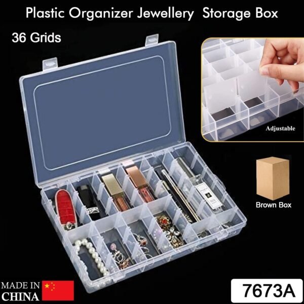 36 Grids Clear Plastic Organizer Jewelry Storage Box with Adjustable Dividers, - Image 2
