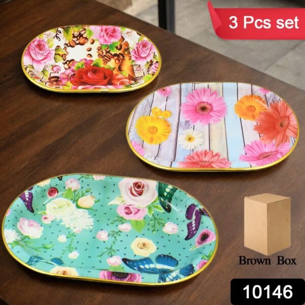 Plastic Flower Printed Design Serving Tray (3 Pcs Set / Mix Color) - Image 2