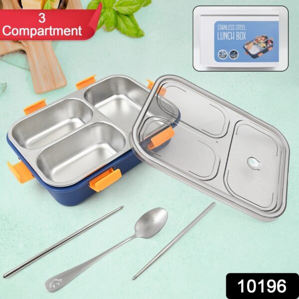 3 Compartment Transparent Stainless Steel Lunch Box with a Spoon and a Pair of - Image 2