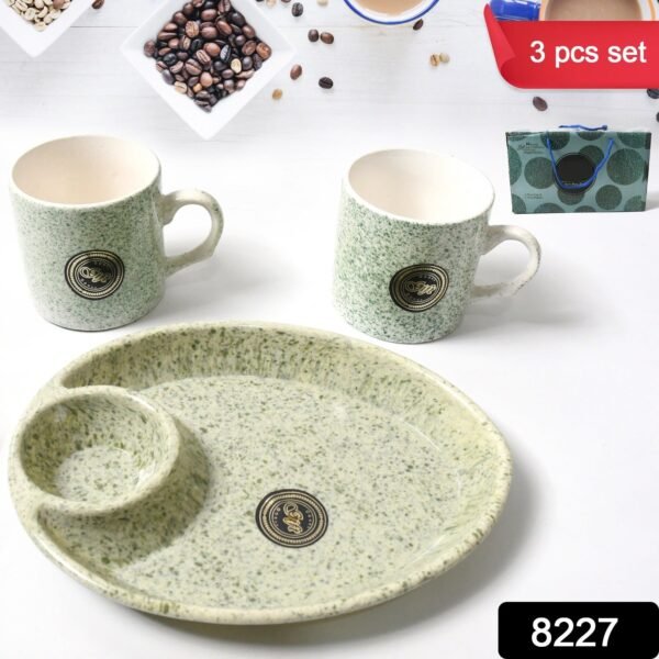 Ceramic Tea/Coffee Cup Set - Alpino 3-Piece with 2-Compartment Serving Platter - Image 2