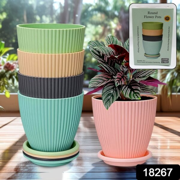 Plastic Flower Pot with Bottom Tray (5 Pcs Set / With Color Box) - Image 2