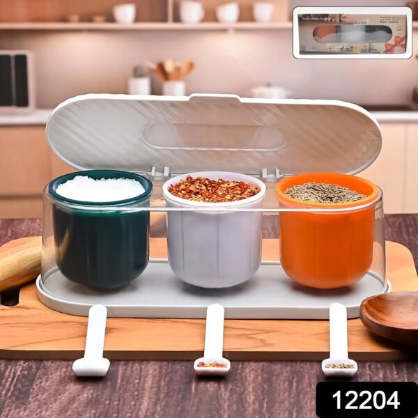 Home Kitchen 3 Grid Seasoning Spice / Masala Box Kit with Spoon (Multicolor / 1 - Image 2