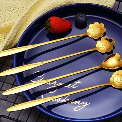 Golden Spoon Set/Coffee Spoon/Dessert Spoons/Cutlery Kitchen Tableware/Stainless Steel Gold Different Shape Coffee Spoons, Set of 4 Centimeter (Gold)